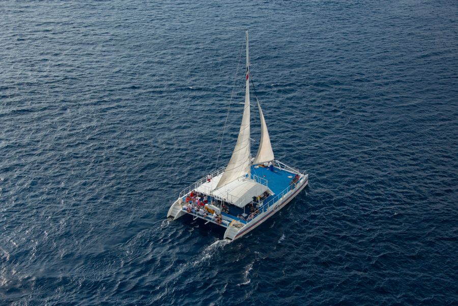 Catamarã de velas içadas visto de cima navegando em mar azul profundo