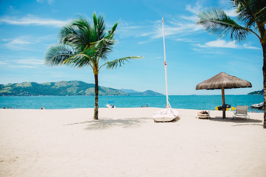 Praia de areia clara com coqueiros e morros ao fundo em Florianópolis