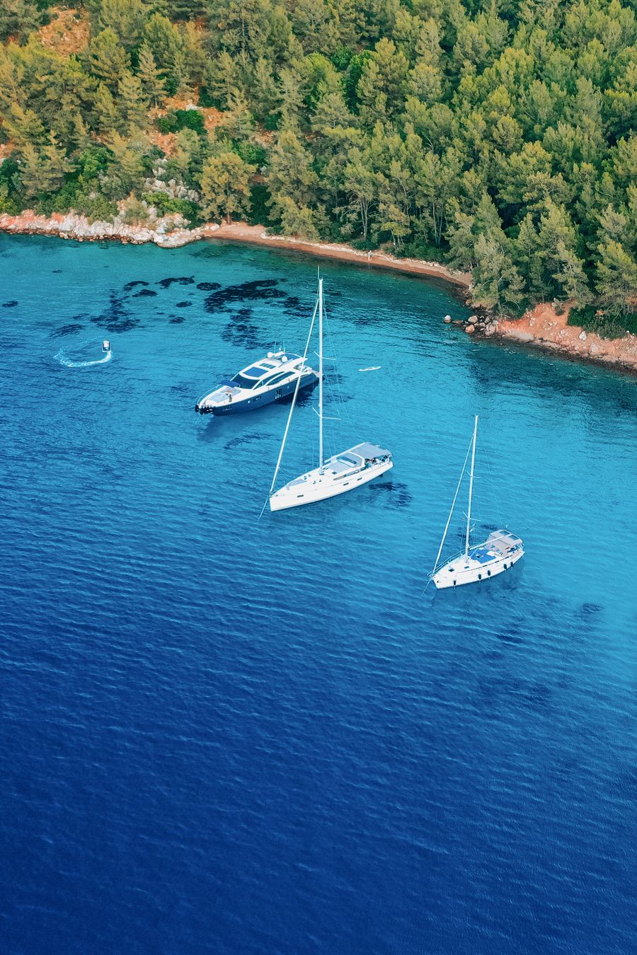 Barcos ancorados em enseada azul cercada por mata fechada em Ilhabela